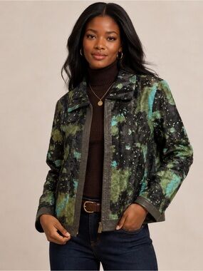 FABIANE Faux Fur Leather Trim Zip Jacket Women’s M/L Black Green Aqua Plush Line